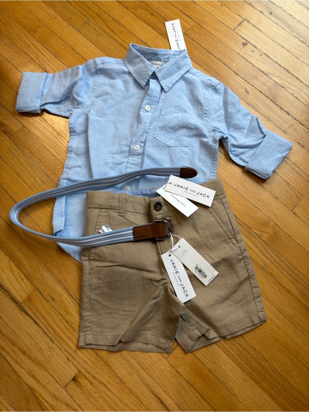 Janie and Jack Light Blue Shirt with Tan Shorts and Blue Belt